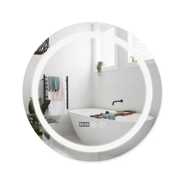 Дзеркало Qtap Mideya (DC-F803) настінне кругле з LED-підсвічуванням Touch, з антизапотіванням, з годинником, димером, рег. яскравості R600 мм Qtap 28559